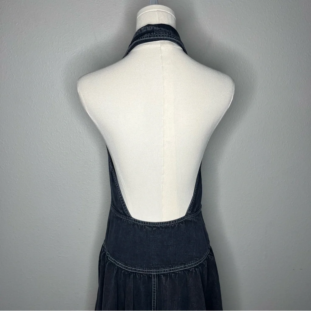 Free People Black Denim Button Down Halter Neck Backless Soundwave Maxi Dress